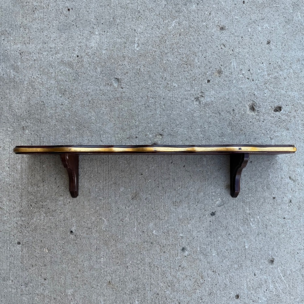 Vintage Wood Wall Shelf Scalloped Gold Edge Dark Cherry Plate Rail 24 Inch